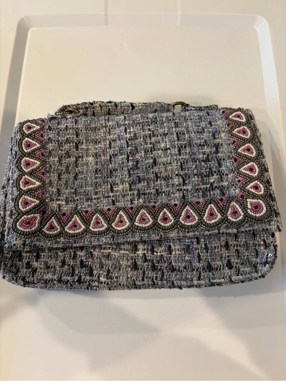 Woven Tweed Shoulder Bag with Pink Beaded Trim